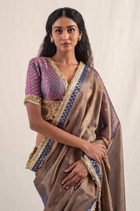 Shop_Priyanka Raajiv_Purple Silk, Chanderi Tassels Saaj Border Saree With Unstitched Blouse Piece _Online_at_Aza_Fashions