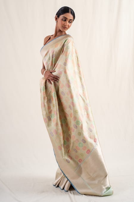 Priyanka Raajiv_Green Silk Embroidery Sadar Minakari Work Saree With Unstitched Blouse Piece _Online_at_Aza_Fashions