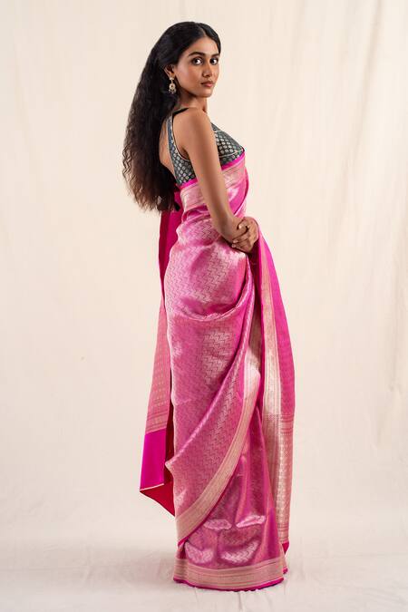 Shop_Priyanka Raajiv_Pink Silk Zari Sarafa Herringbone Pattern Saree With Unstitched Blouse Piece _Online_at_Aza_Fashions