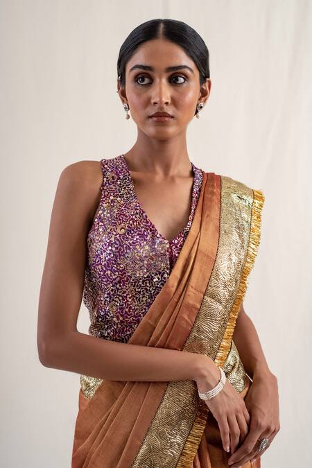 Shop_Priyanka Raajiv_Red Silk, Chanderi Sarojini Border Zari Work Saree With Unstitched Blouse Piece _Online_at_Aza_Fashions