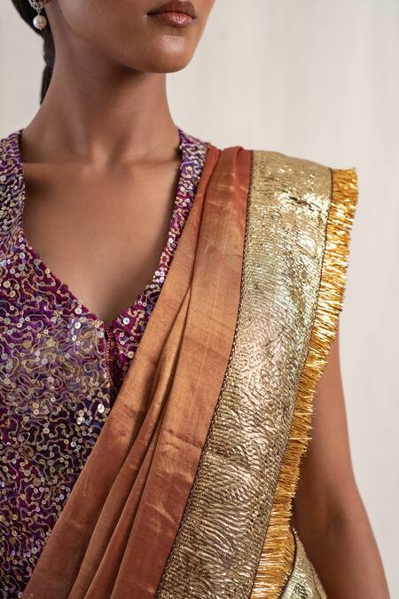 Priyanka Raajiv_Red Silk, Chanderi Sarojini Border Zari Work Saree With Unstitched Blouse Piece _at_Aza_Fashions