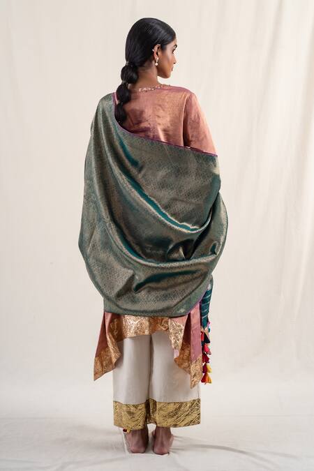 Shop_Priyanka Raajiv_Green Silk, Brocade Tassels Shokhi Geometric Pattern Dupatta _at_Aza_Fashions