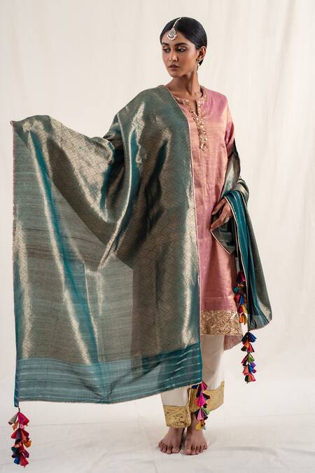 Priyanka Raajiv_Green Silk, Brocade Tassels Shokhi Geometric Pattern Dupatta _Online_at_Aza_Fashions