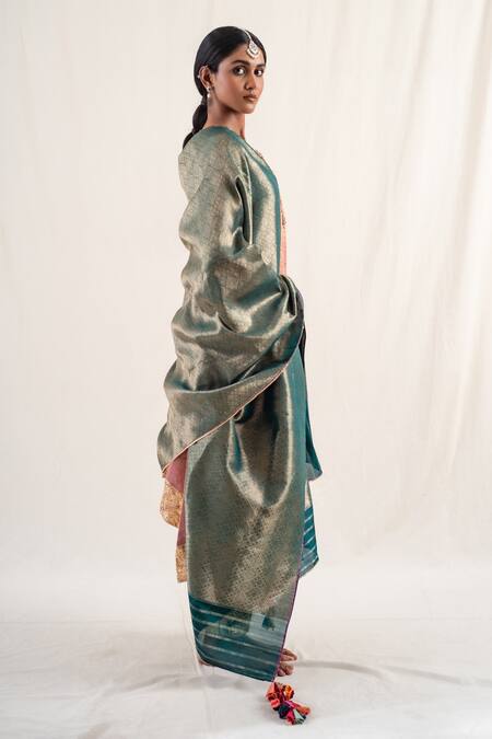 Buy_Priyanka Raajiv_Green Silk, Brocade Tassels Shokhi Geometric Pattern Dupatta _Online_at_Aza_Fashions