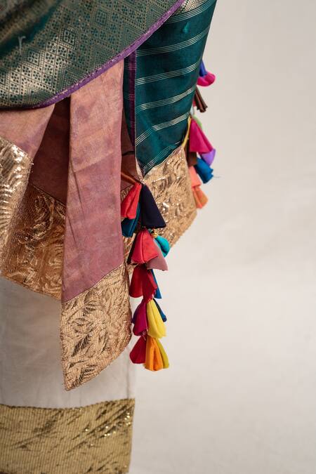 Shop_Priyanka Raajiv_Green Silk, Brocade Tassels Shokhi Geometric Pattern Dupatta _Online_at_Aza_Fashions