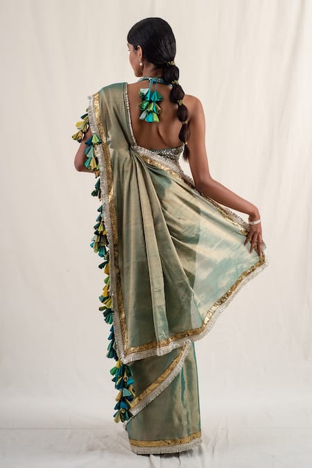 Priyanka Raajiv_Green Silk, Chanderi Sireh Border Zari Work Saree With Unstitched Blouse Piece _Online_at_Aza_Fashions