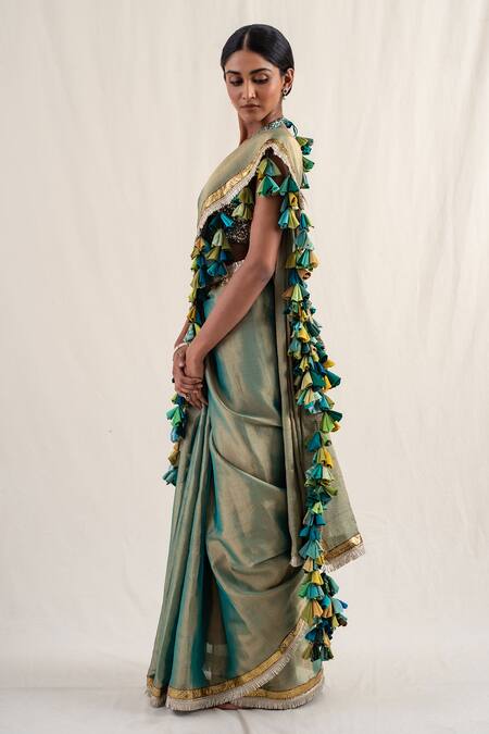 Buy_Priyanka Raajiv_Green Silk, Chanderi Sireh Border Zari Work Saree With Unstitched Blouse Piece _Online_at_Aza_Fashions