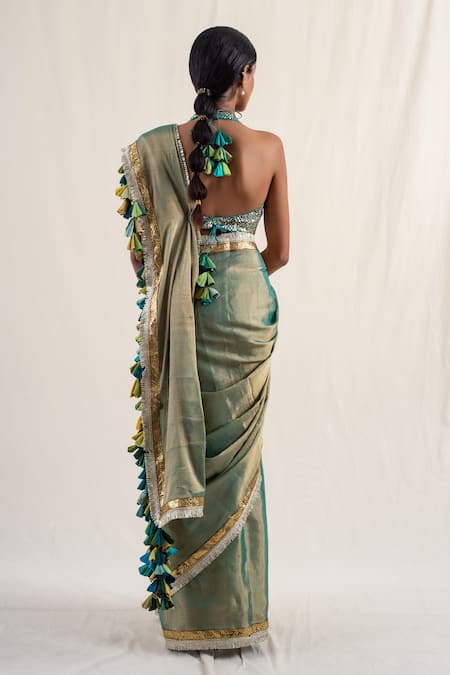 Shop_Priyanka Raajiv_Green Silk, Chanderi Sireh Border Zari Work Saree With Unstitched Blouse Piece _Online_at_Aza_Fashions