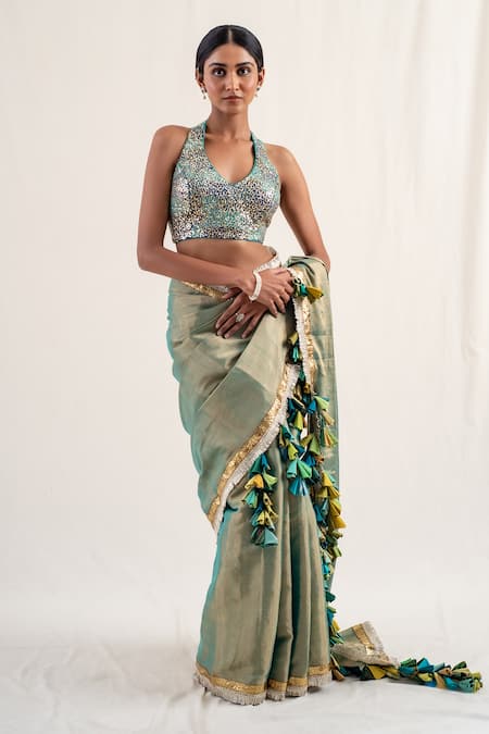 Priyanka Raajiv_Green Silk, Chanderi Sireh Border Zari Work Saree With Unstitched Blouse Piece _at_Aza_Fashions