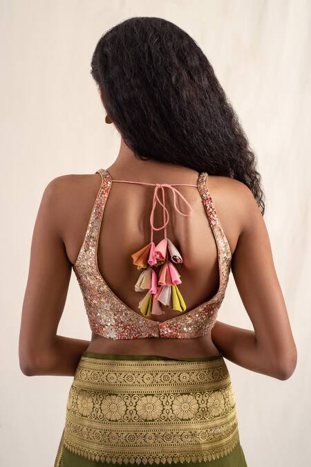 Shop_Priyanka Raajiv_Peach Silk Brocade Hand Embroidered Sequins Notched Sojati Blouse _at_Aza_Fashions