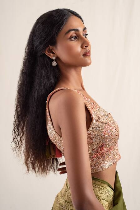 Buy_Priyanka Raajiv_Peach Silk Brocade Hand Embroidered Sequins Notched Sojati Blouse _Online_at_Aza_Fashions