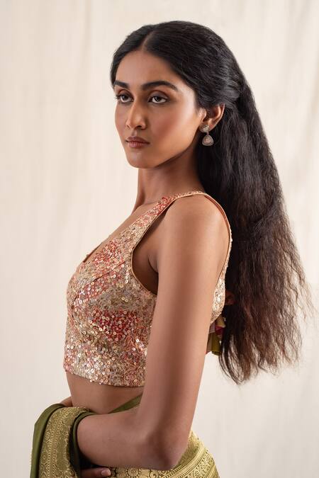 Shop_Priyanka Raajiv_Peach Silk Brocade Hand Embroidered Sequins Notched Sojati Blouse _Online_at_Aza_Fashions