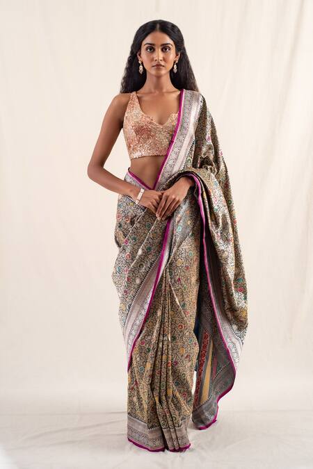 Priyanka Raajiv_Peach Silk Brocade Hand Embroidered Sequins Notched Sojati Blouse _at_Aza_Fashions