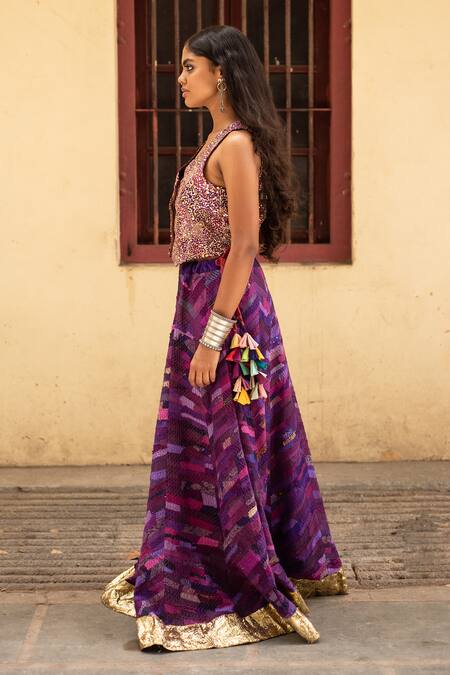 Buy_Priyanka Raajiv_Purple Silk Tassels Sooq Printed Lehenga _Online_at_Aza_Fashions
