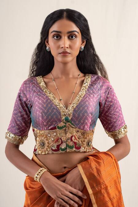 Buy_Priyanka Raajiv_Purple Silk Brocade Hand Embroidered Beads V Neck Sundar Blouse _Online_at_Aza_Fashions