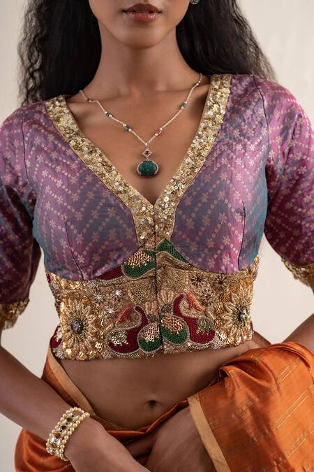 Shop_Priyanka Raajiv_Purple Silk Brocade Hand Embroidered Beads V Neck Sundar Blouse _Online_at_Aza_Fashions