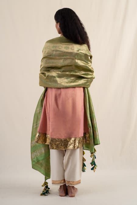 Shop_Priyanka Raajiv_Green Silk Brocade Geometric Surmayi Pattern Dupatta _at_Aza_Fashions