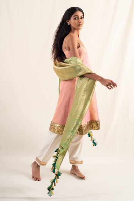 Shop_Priyanka Raajiv_Green Silk Brocade Geometric Surmayi Pattern Dupatta _Online_at_Aza_Fashions