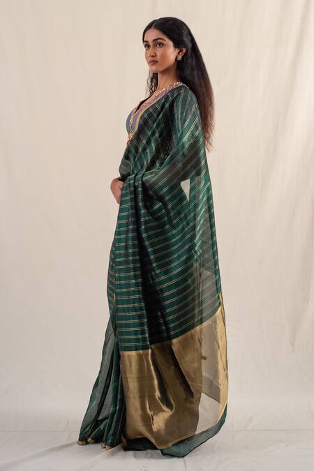 Priyanka Raajiv_Green Silk, Chanderi Zari Yasti Striped Work Saree With Unstitched Blouse Piece _Online_at_Aza_Fashions