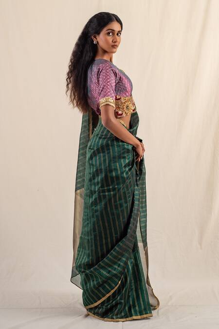 Buy_Priyanka Raajiv_Green Silk, Chanderi Zari Yasti Striped Work Saree With Unstitched Blouse Piece _Online_at_Aza_Fashions