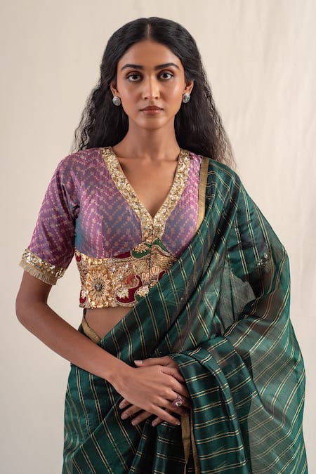 Shop_Priyanka Raajiv_Green Silk, Chanderi Zari Yasti Striped Work Saree With Unstitched Blouse Piece _Online_at_Aza_Fashions