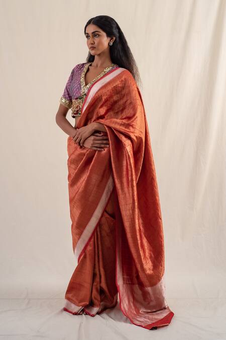 Priyanka Raajiv Orange Silk, Chanderi Zari Yasti Striped Saree With Unstitched Blouse Piece Online at Aza Fashions Priyanka Raajiv_Orange Silk, Chanderi Zari Yasti Striped Saree With Unstitched Blouse Piece _Online_at_Aza_Fashions