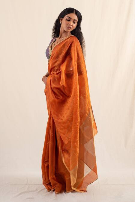Buy_Priyanka Raajiv_Orange Silk, Chanderi Zari Yasti Striped Saree With Unstitched Blouse Piece _Online_at_Aza_Fashions