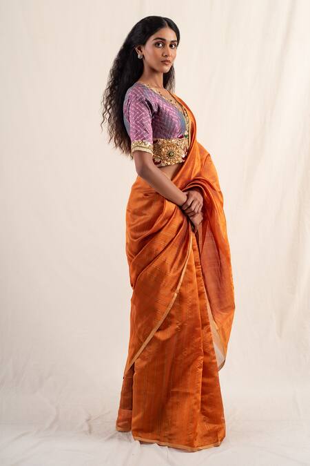 Shop_Priyanka Raajiv_Orange Silk, Chanderi Zari Yasti Striped Saree With Unstitched Blouse Piece _Online_at_Aza_Fashions