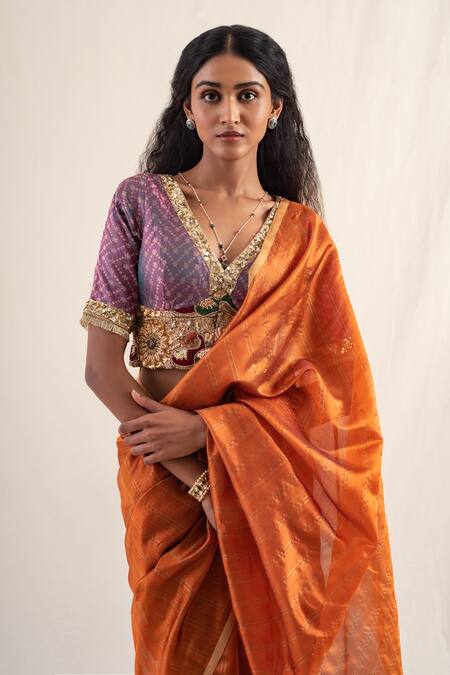 Priyanka Raajiv_Orange Silk, Chanderi Zari Yasti Striped Saree With Unstitched Blouse Piece _at_Aza_Fashions
