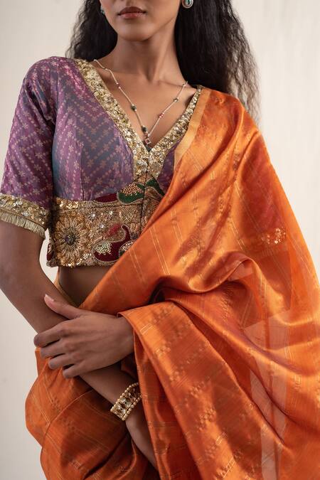 Buy_Priyanka Raajiv_Orange Silk, Chanderi Zari Yasti Striped Saree With Unstitched Blouse Piece 