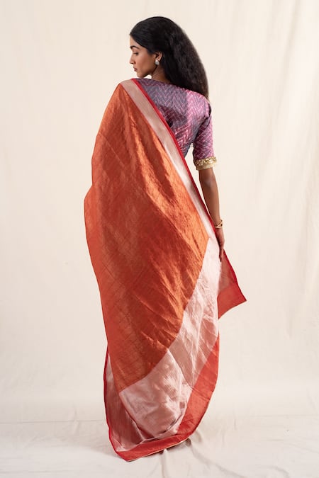 Shop_Priyanka Raajiv_Red Silk Zaveri Striped Pattern Saree With Unstitched Blouse Piece _at_Aza_Fashions