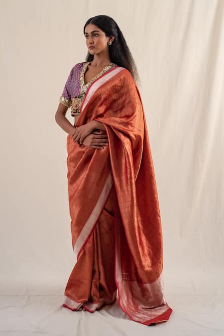 Priyanka Raajiv_Red Silk Zaveri Striped Pattern Saree With Unstitched Blouse Piece _Online_at_Aza_Fashions