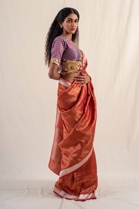 Buy_Priyanka Raajiv_Red Silk Zaveri Striped Pattern Saree With Unstitched Blouse Piece _Online_at_Aza_Fashions
