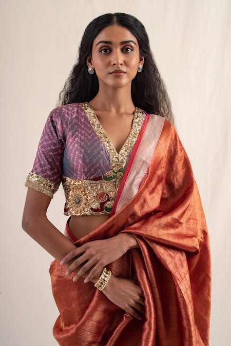 Shop_Priyanka Raajiv_Red Silk Zaveri Striped Pattern Saree With Unstitched Blouse Piece _Online_at_Aza_Fashions