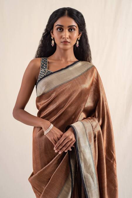 Shop_Priyanka Raajiv_Brown , Organza Zuri Border Work Saree With Unstitched Blouse Piece _Online_at_Aza_Fashions