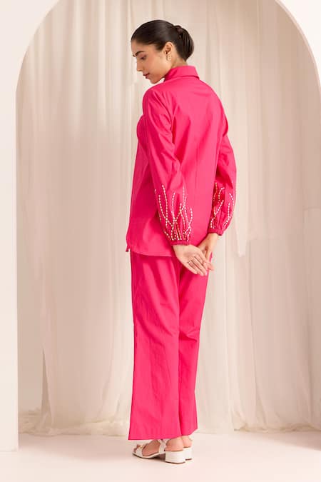 Shop Sonal Pasrija Pink Cotton Sequins, Beads Collared Embellished Shirt With Pant at Aza Fashions Shop_Sonal Pasrija_Pink Cotton Sequins, Beads Collared Embellished Shirt With Pant _at_Aza_Fashions