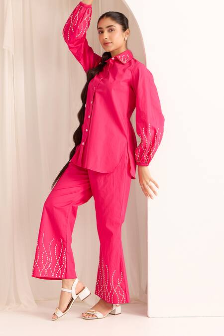 Buy Sonal Pasrija Pink Cotton Sequins, Beads Collared Embellished Shirt With Pant Online at Aza Fashions Buy_Sonal Pasrija_Pink Cotton Sequins, Beads Collared Embellished Shirt With Pant _Online_at_Aza_Fashions