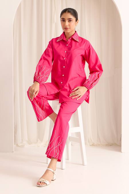 Shop Sonal Pasrija Pink Cotton Sequins, Beads Collared Embellished Shirt With Pant Online at Aza Fashions Shop_Sonal Pasrija_Pink Cotton Sequins, Beads Collared Embellished Shirt With Pant _Online_at_Aza_Fashions