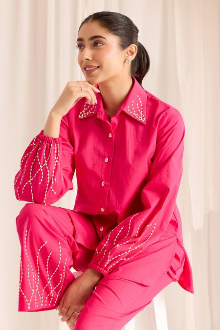 Sonal Pasrija Pink Cotton Sequins, Beads Collared Embellished Shirt With Pant at Aza Fashions Sonal Pasrija_Pink Cotton Sequins, Beads Collared Embellished Shirt With Pant _at_Aza_Fashions