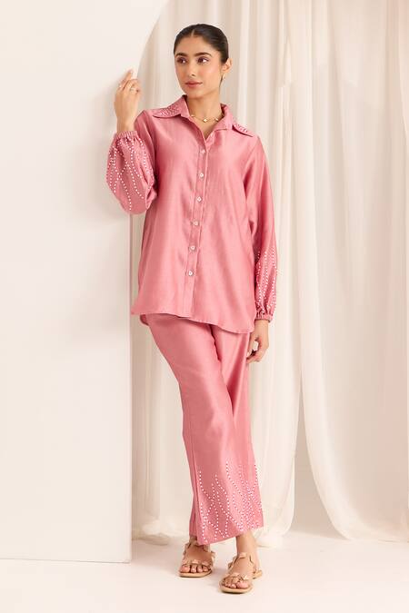 Sonal Pasrija Pink Chanderi Sequins, Beads Collared Embellished Shirt With Pant Online at Aza Fashions Sonal Pasrija_Pink Chanderi Sequins, Beads Collared Embellished Shirt With Pant _Online_at_Aza_Fashions