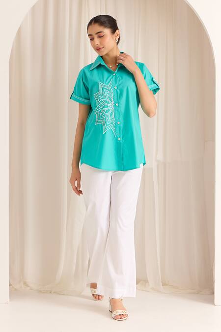 Sonal Pasrija Blue Cotton Sequins, Beads Collared Mandala Embellished Shirt With Pant Online at Aza Fashions Sonal Pasrija_Blue Cotton Sequins, Beads Collared Mandala Embellished Shirt With Pant _Online_at_Aza_Fashions