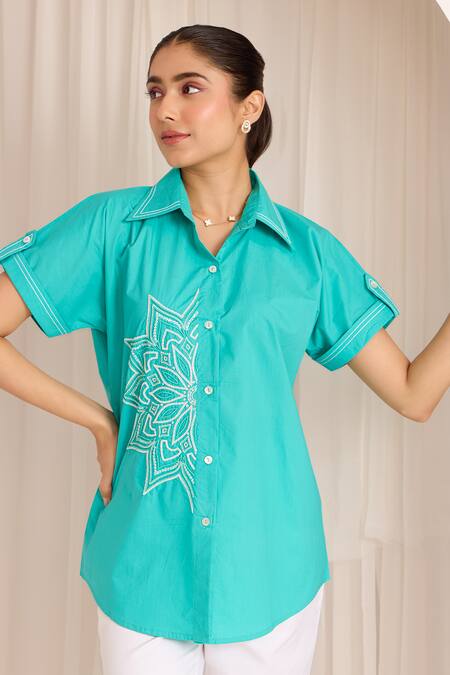 Shop Sonal Pasrija Blue Cotton Sequins, Beads Collared Mandala Embellished Shirt With Pant Online at Aza Fashions Shop_Sonal Pasrija_Blue Cotton Sequins, Beads Collared Mandala Embellished Shirt With Pant _Online_at_Aza_Fashions