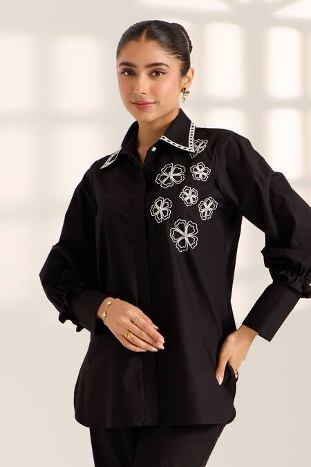 Shop Sonal Pasrija Black Cotton Beads, Sequins Collared Blossom Embellished Shirt With Pant Online at Aza Fashions Shop_Sonal Pasrija_Black Cotton Beads, Sequins Collared Blossom Embellished Shirt With Pant _Online_at_Aza_Fashions