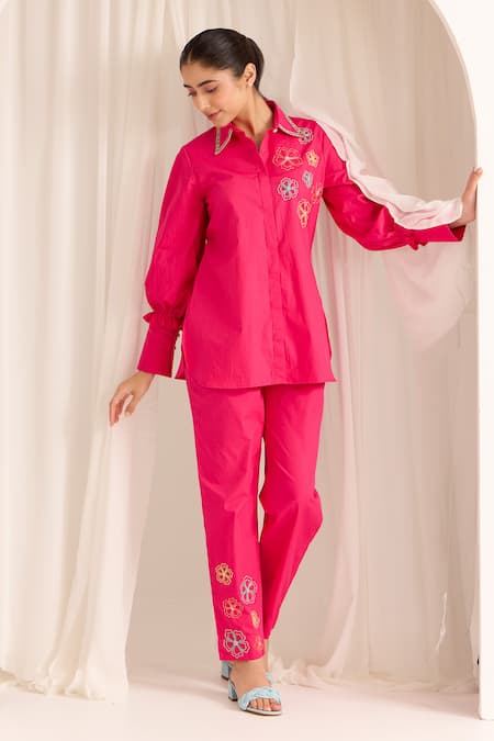 Shop Sonal Pasrija Pink Cotton Sequins, Beads, Embroidery Blossom Embellished Shirt With Pant at Aza Fashions Shop_Sonal Pasrija_Pink Cotton Sequins, Beads, Embroidery Blossom Embellished Shirt With Pant _at_Aza_Fashions