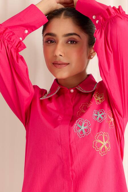 Sonal Pasrija Pink Cotton Sequins, Beads, Embroidery Blossom Embellished Shirt With Pant Online at Aza Fashions Sonal Pasrija_Pink Cotton Sequins, Beads, Embroidery Blossom Embellished Shirt With Pant _Online_at_Aza_Fashions