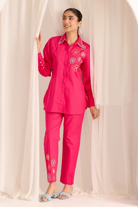 Sonal Pasrija Pink Cotton Sequins, Beads, Embroidery Blossom Embellished Shirt With Pant at Aza Fashions Sonal Pasrija_Pink Cotton Sequins, Beads, Embroidery Blossom Embellished Shirt With Pant _at_Aza_Fashions