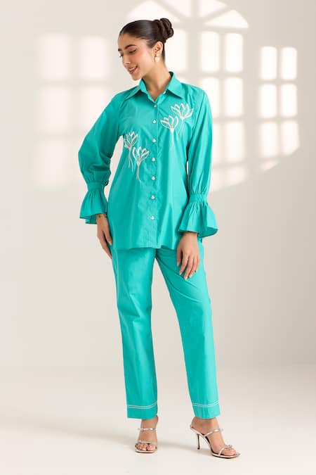 Sonal Pasrija Blue Cotton Embellished Bead Stand Collar Lily Shirt With Pant