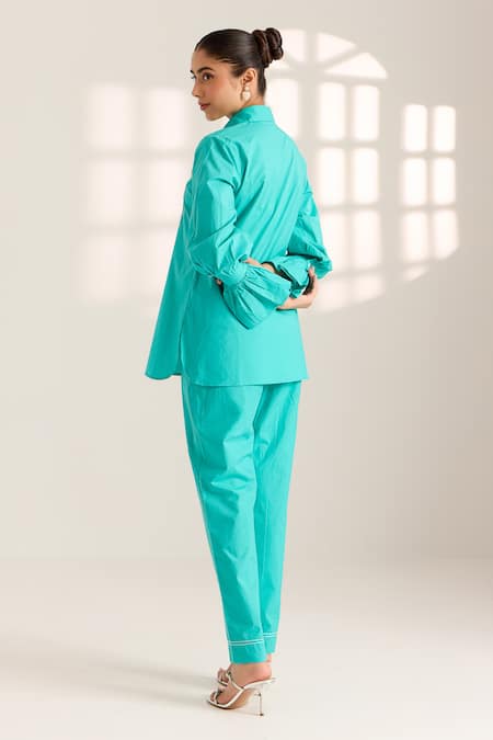 Shop Sonal Pasrija Blue Cotton Beads, Sequins Collared Lily Embellished Shirt With Pant at Aza Fashions Shop_Sonal Pasrija_Blue Cotton Beads, Sequins Collared Lily Embellished Shirt With Pant _at_Aza_Fashions