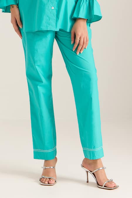 Sonal Pasrija Blue Cotton Beads, Sequins Collared Lily Embellished Shirt With Pant Online at Aza Fashions Sonal Pasrija_Blue Cotton Beads, Sequins Collared Lily Embellished Shirt With Pant _Online_at_Aza_Fashions