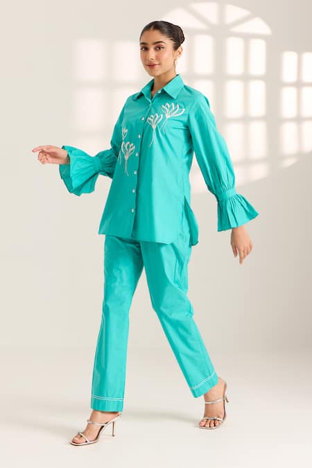 Buy Sonal Pasrija Blue Cotton Beads, Sequins Collared Lily Embellished Shirt With Pant Online at Aza Fashions Buy_Sonal Pasrija_Blue Cotton Beads, Sequins Collared Lily Embellished Shirt With Pant _Online_at_Aza_Fashions